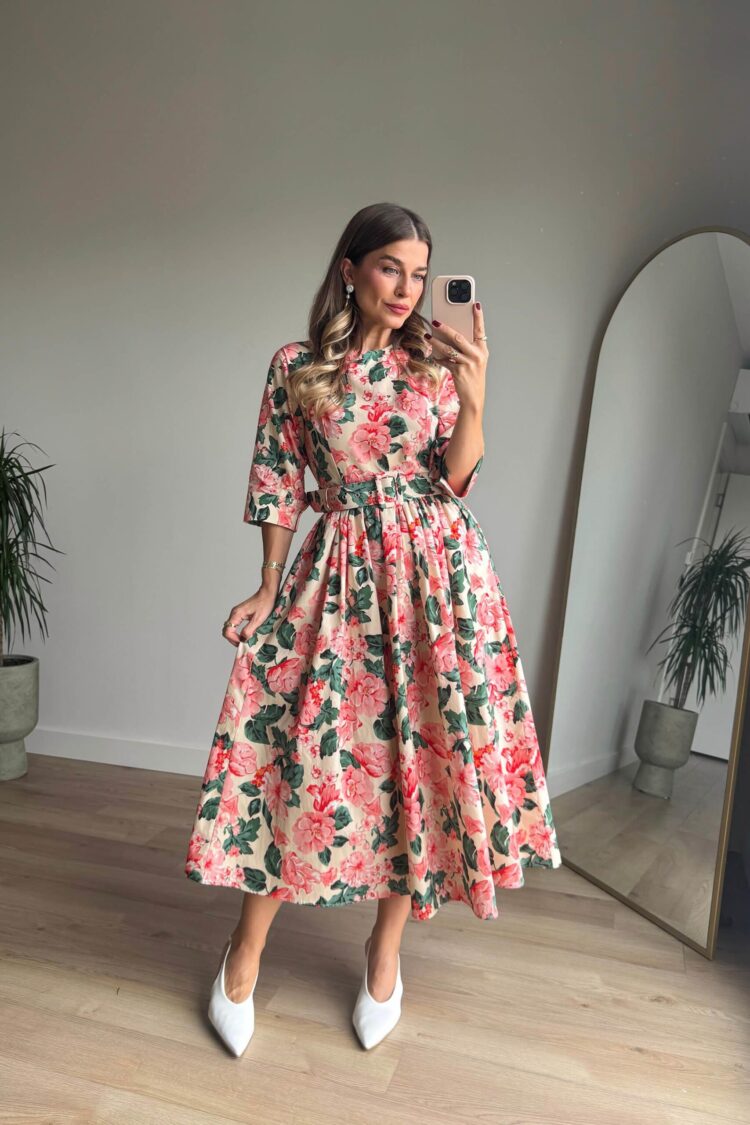Elegant Pink A-Line Midi Dress With Floral Pattern