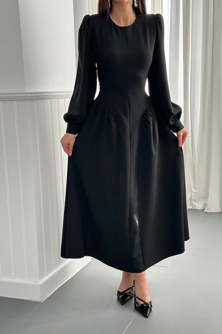 Elegant A-Line Midi Dress With Long Sleeves