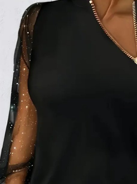 Black Sequined Slim Fit V-Neck Blouse