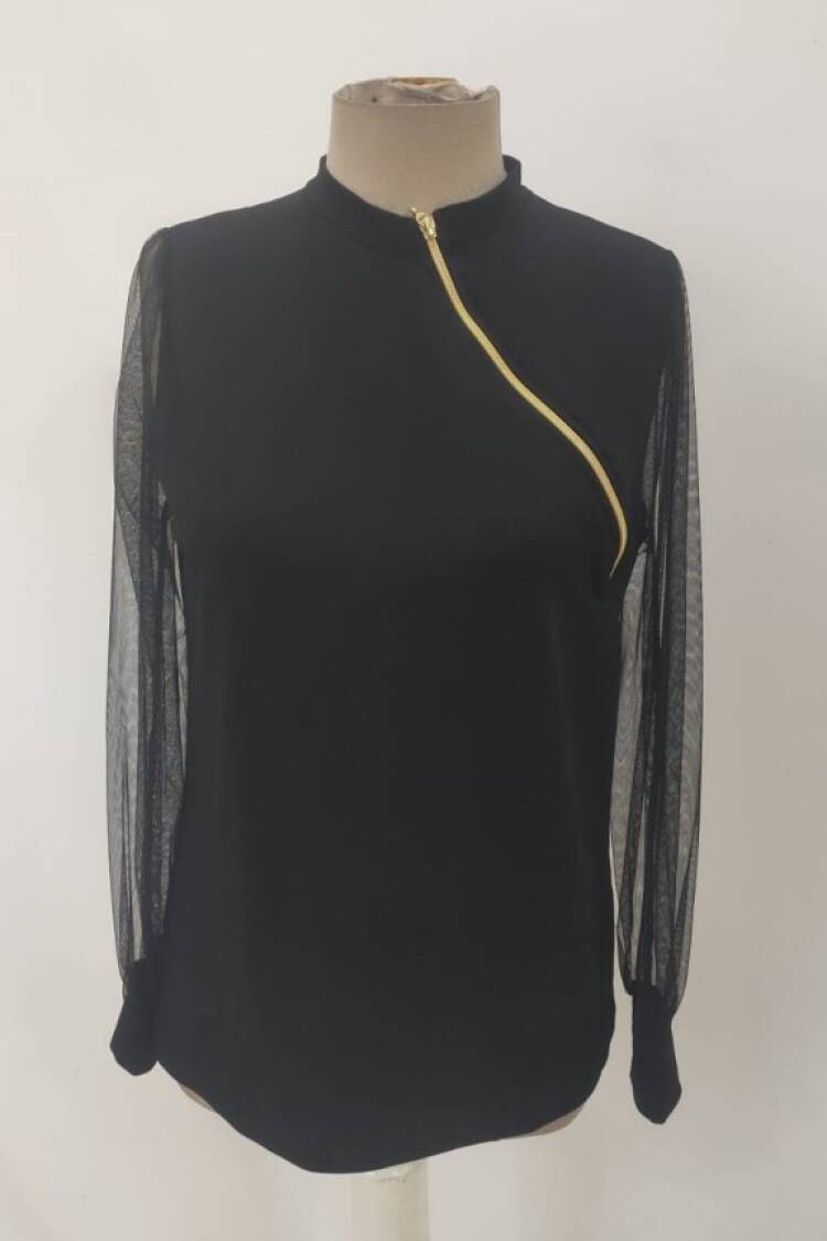 Black Sequined Slim Fit V-Neck Blouse