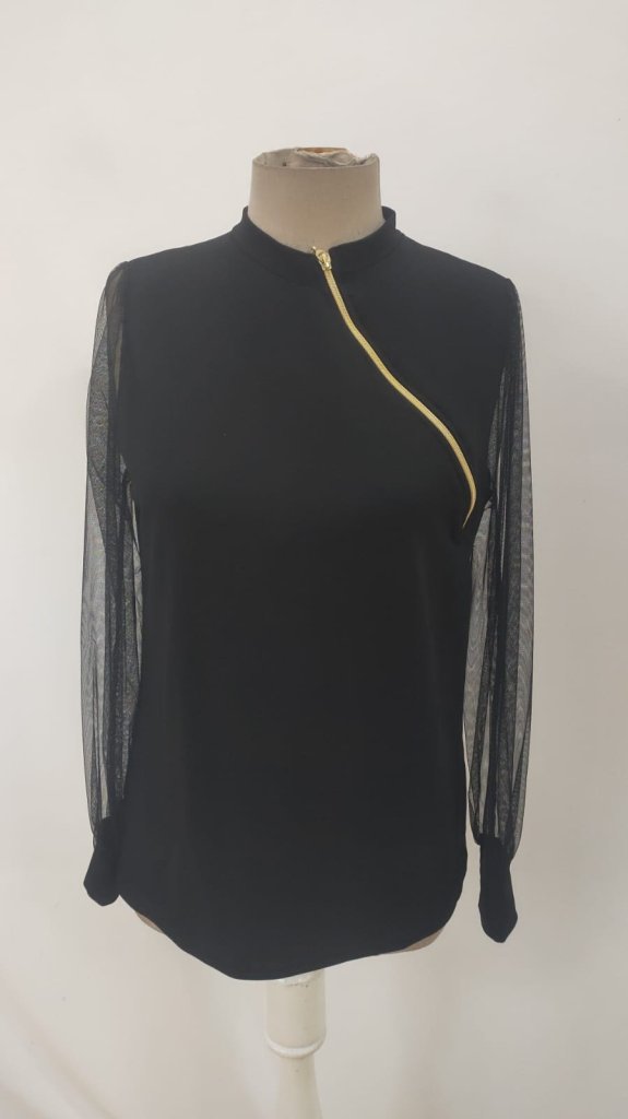 Black Sequined Slim Fit V-Neck Blouse