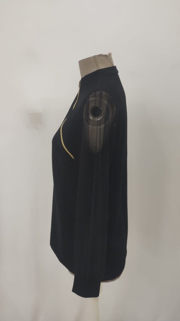 Black Sequined Slim Fit V-Neck Blouse