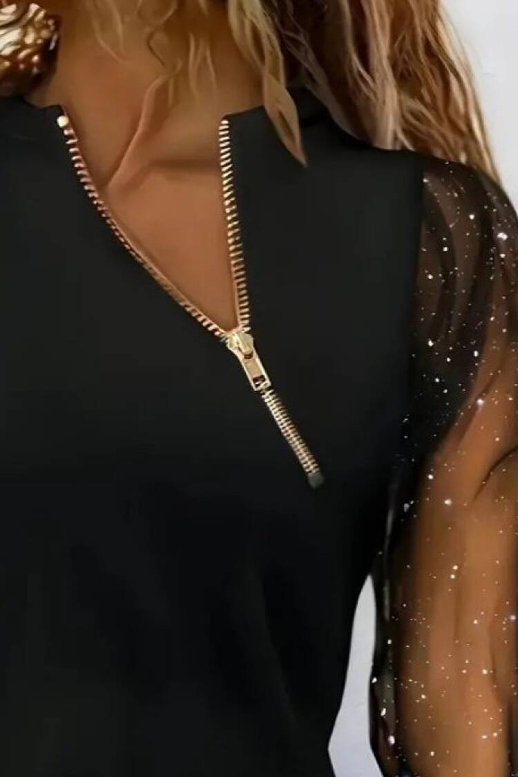 Black Sequined Slim Fit V-Neck Blouse