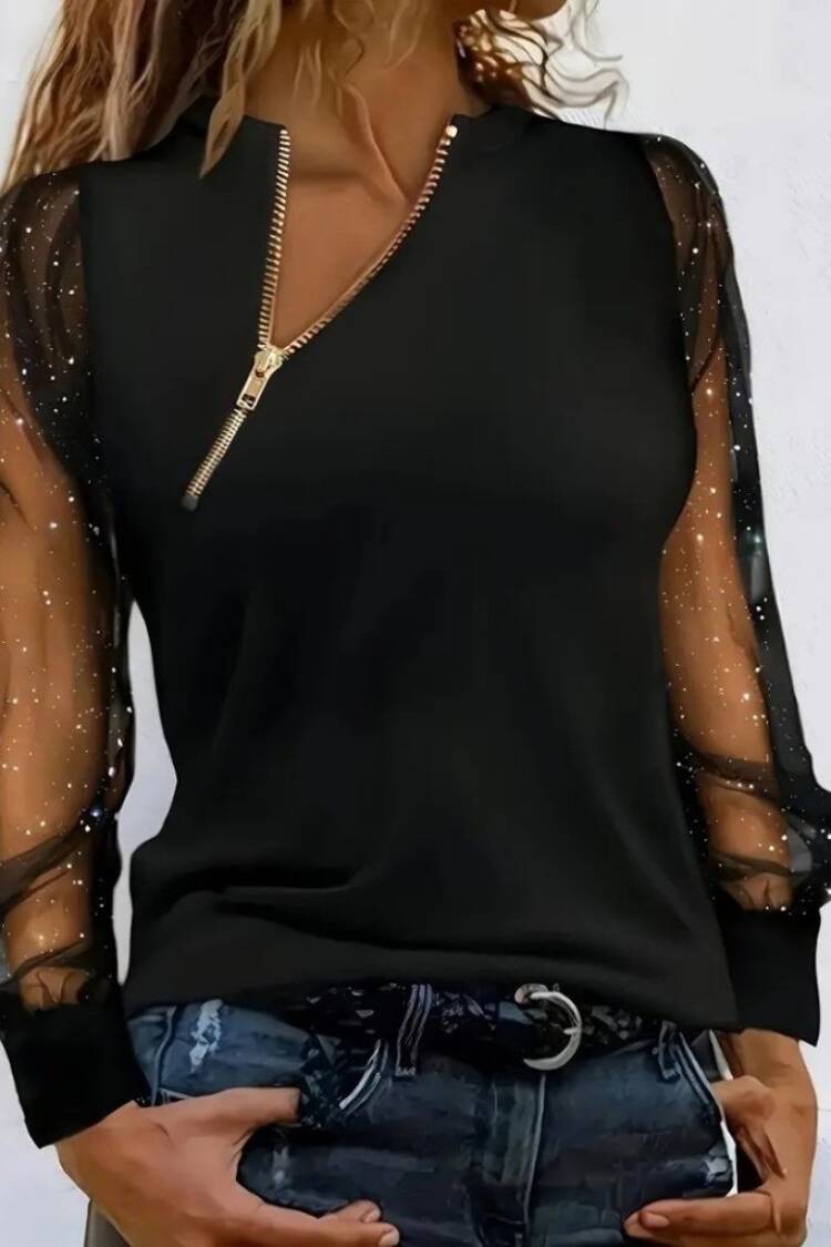 Black Sequined Slim Fit V-Neck Blouse