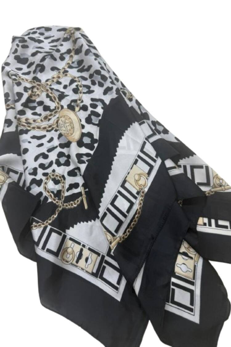 Elegant Black Shawl With Animal And Geometric Prints