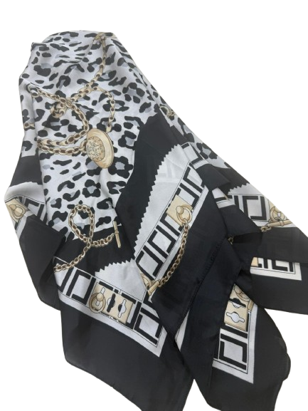 Elegant Black Shawl With Animal And Geometric Prints
