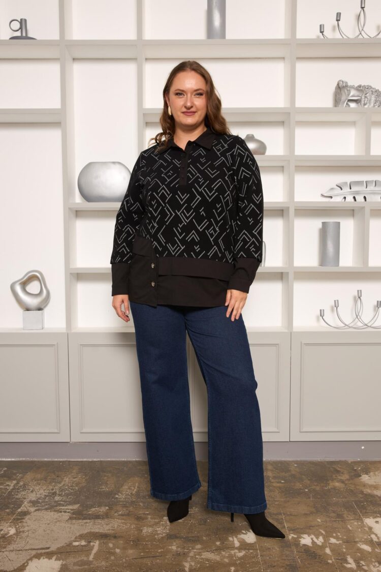 Black Plus Size Polo Neck Blouse