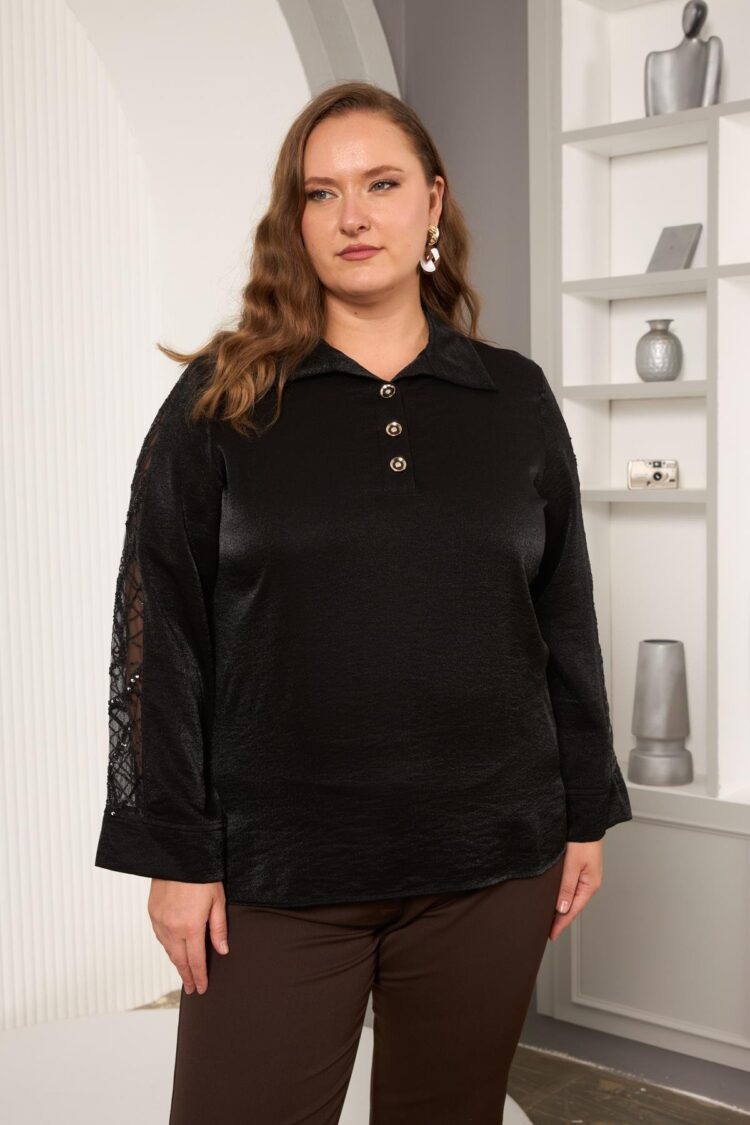 Black Elegant Plus Size Blouse With Polo Neck - Brand: RMG - Women & Kids, Baby Clothes Wholesale - Globality Store