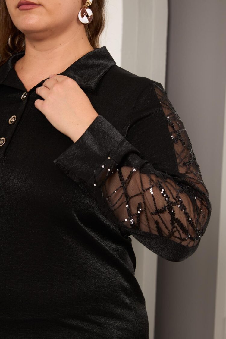 Black Elegant Plus Size Blouse With Polo Neck