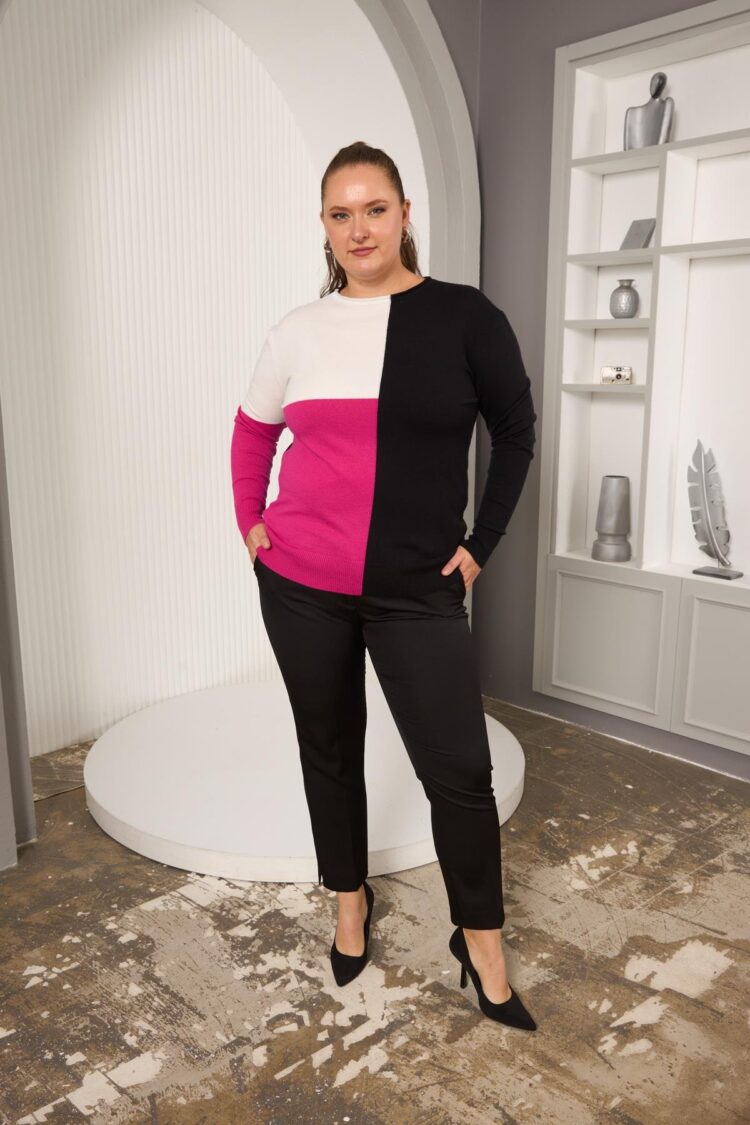 Pink Plus Size Casual Color Block Sweater