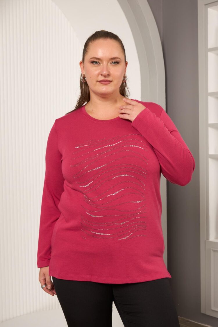 Fuchsia Plus Size Sequined Blouse With Long Sleeves