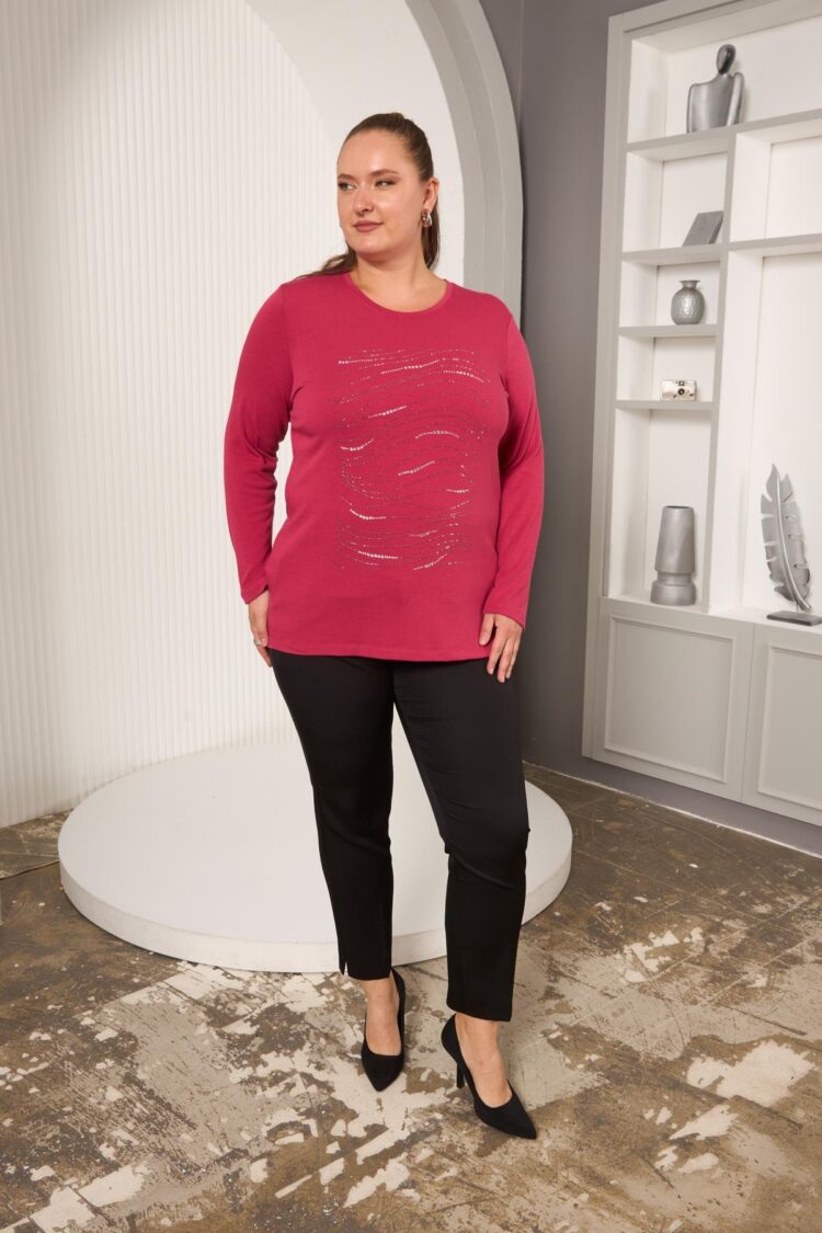 Fuchsia Plus Size Sequined Blouse With Long Sleeves