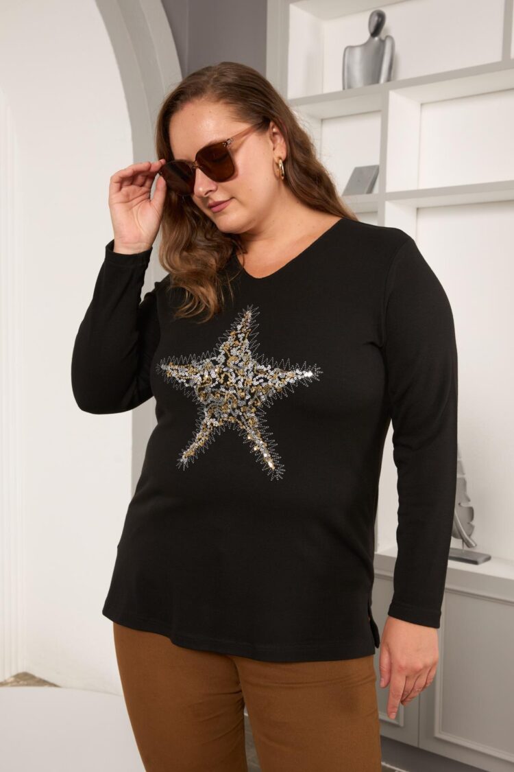 Plus Size Casual Blouse With Sequined Stars