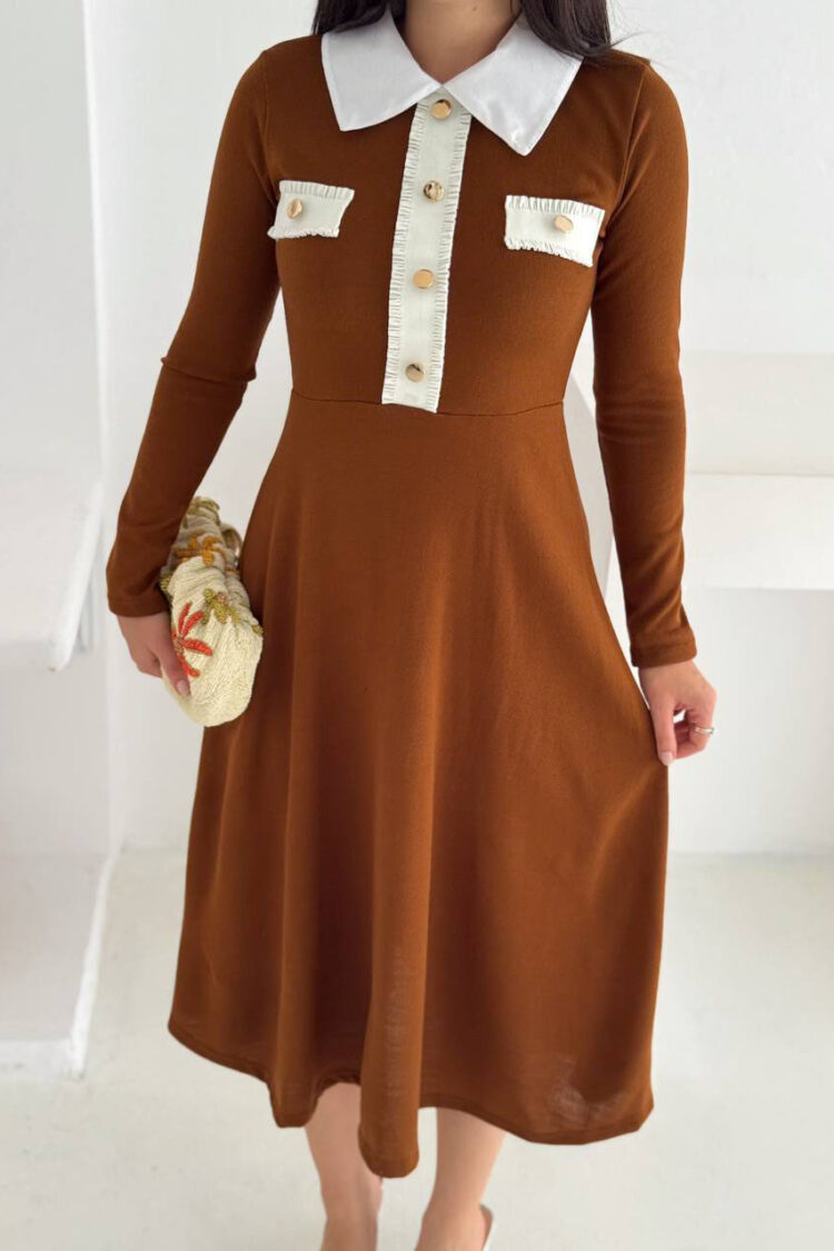 Brown Elegant A-Line Midi Dress - Brand: Mode Roy - Women & Kids, Baby Clothes Wholesale - Globality Store