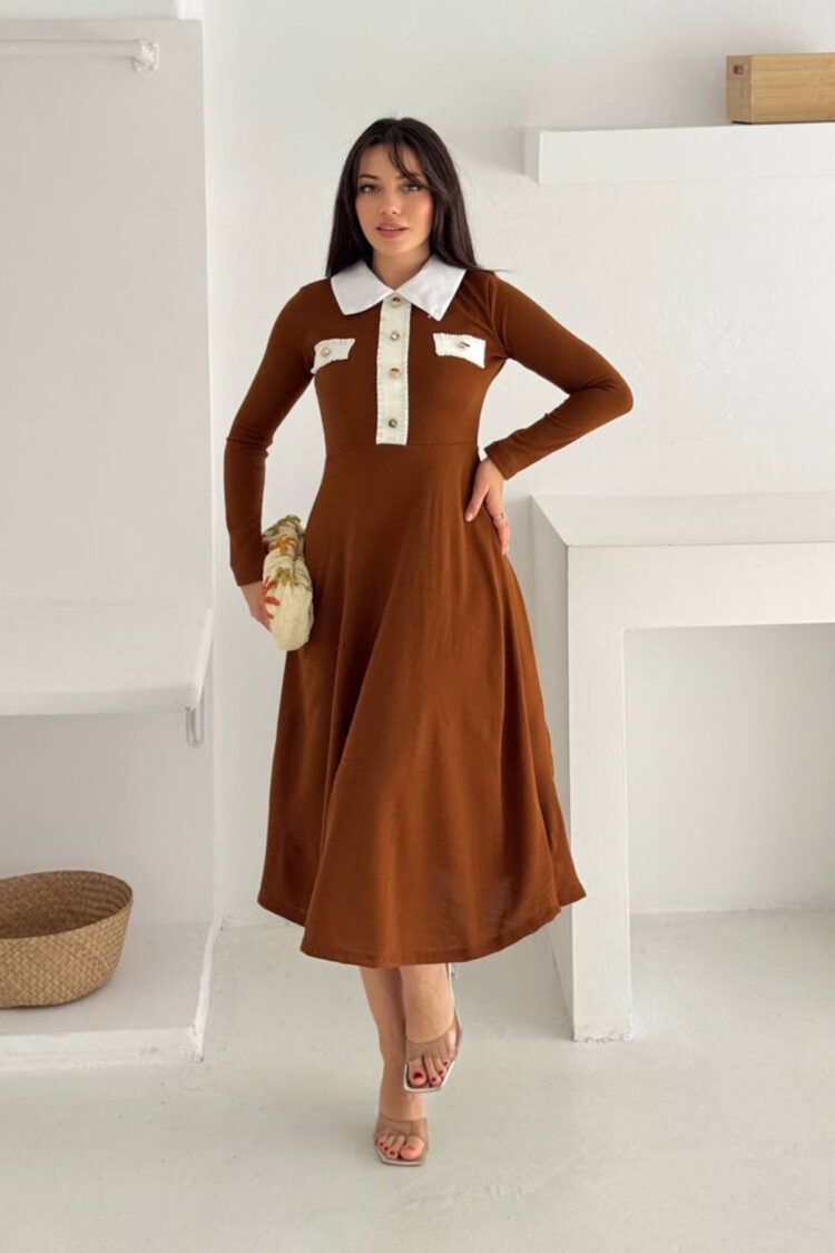 Brown Elegant A-Line Midi Dress