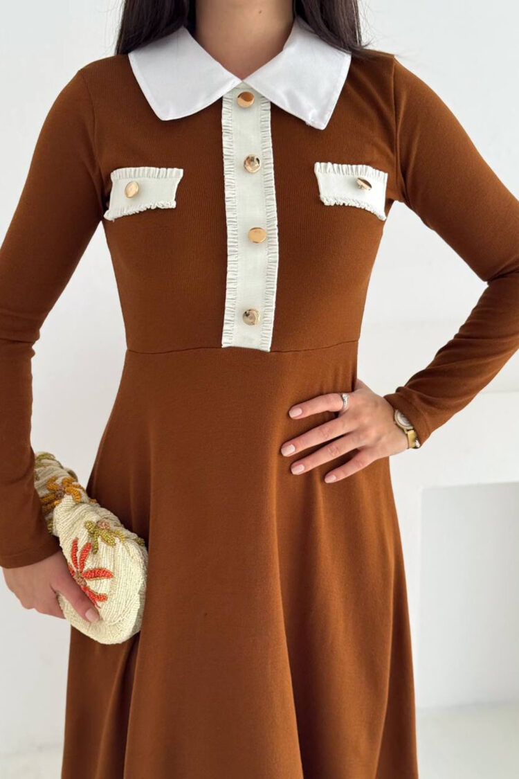 Brown Elegant A-Line Midi Dress
