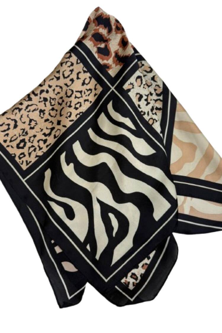Black Elegant Shawl With Animal Print And Patchwork