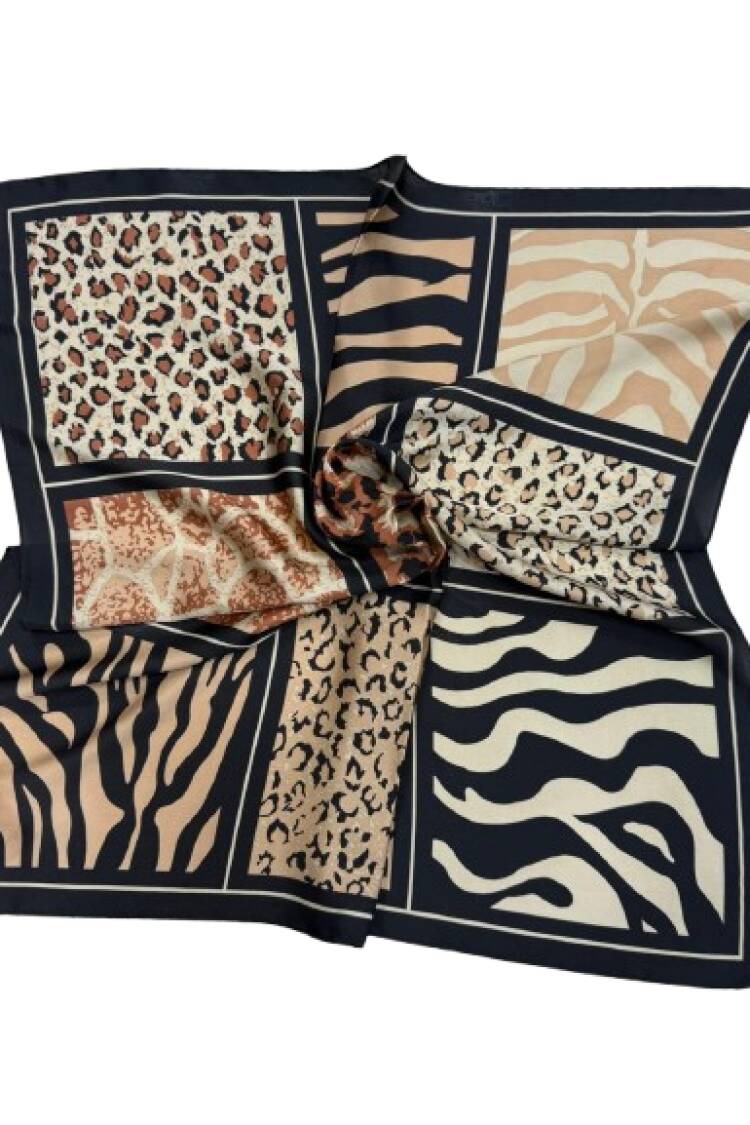 Black Elegant Shawl With Animal Print And Patchwork