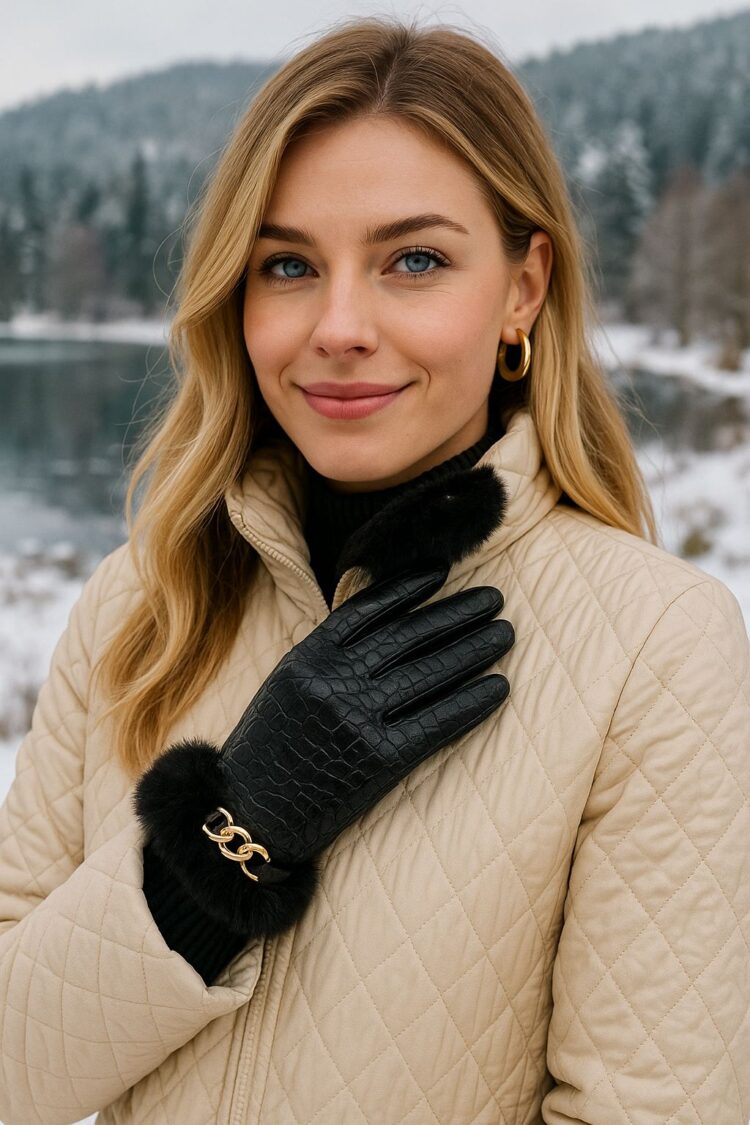 Shiny Leather Gloves With Chain Detailed Ankle Fur - Black - Brand: Axesoire - Women & Kids, Baby Clothes Wholesale - Globality Store