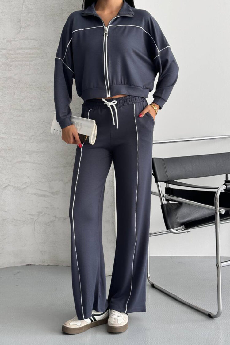 Navy Blue Tracksuit Zip Up Jogger With Hooded Neck