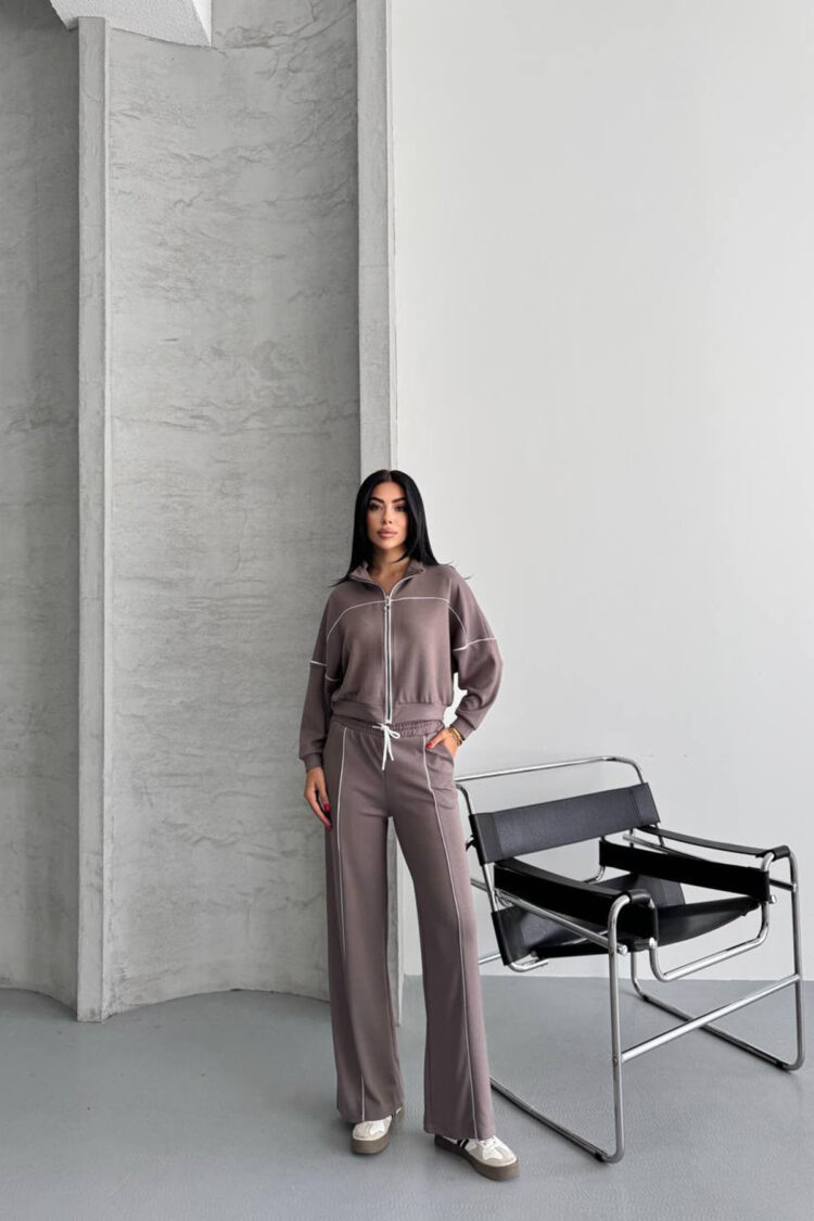 Brown Tracksuit With Zip Up And Palazzo Pants