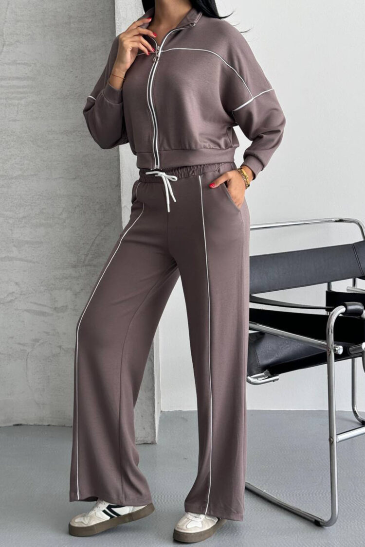 Brown Tracksuit With Zip Up And Palazzo Pants