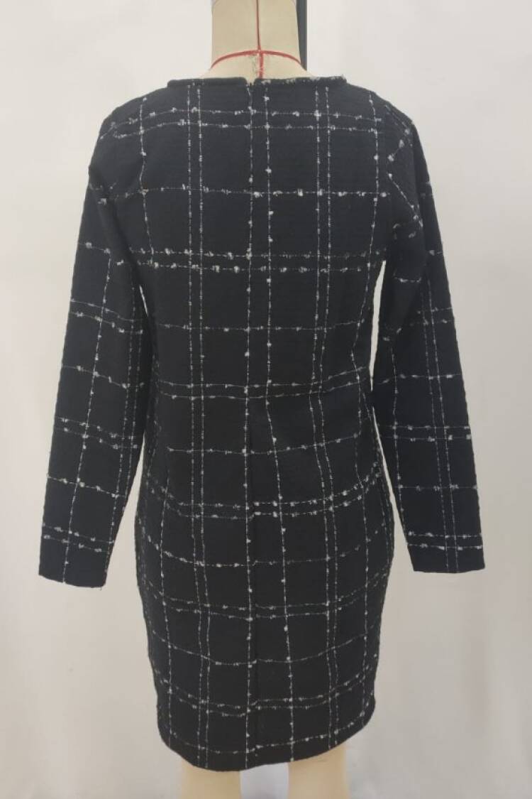 Elegant Black Checkered Sheath Dress With Long Sleeves