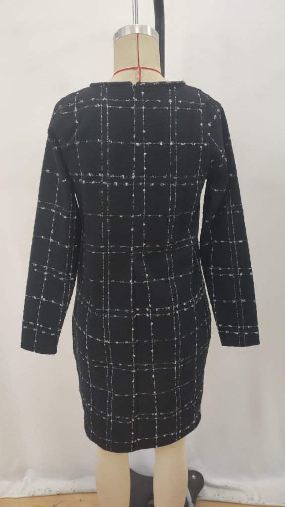Elegant Black Checkered Sheath Dress With Long Sleeves
