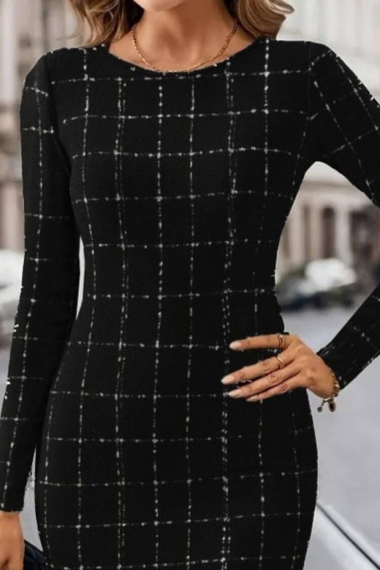 Elegant Black Checkered Sheath Dress With Long Sleeves