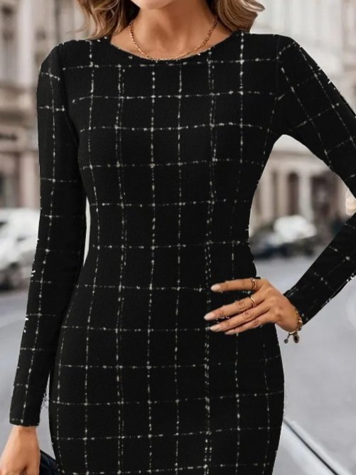 Elegant Black Checkered Sheath Dress With Long Sleeves