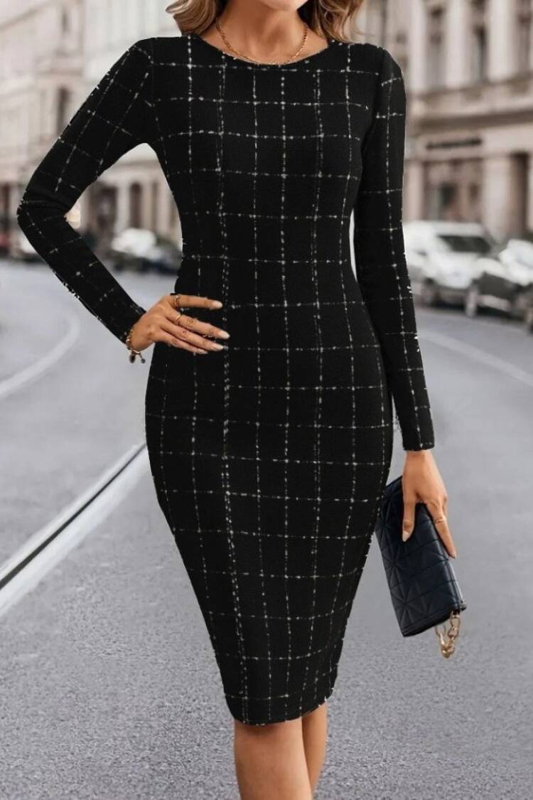 Elegant Black Checkered Sheath Dress With Long Sleeves