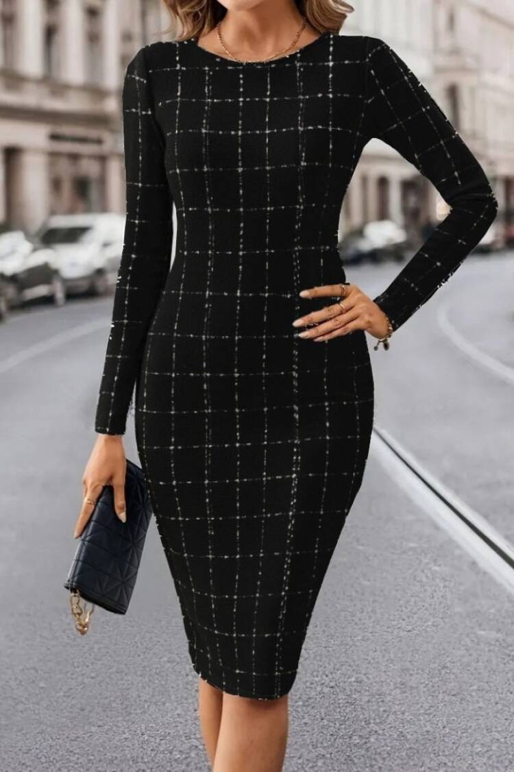 Elegant Black Checkered Sheath Dress With Long Sleeves - Brand: Janes - Women & Kids, Baby Clothes Wholesale - Globality Store