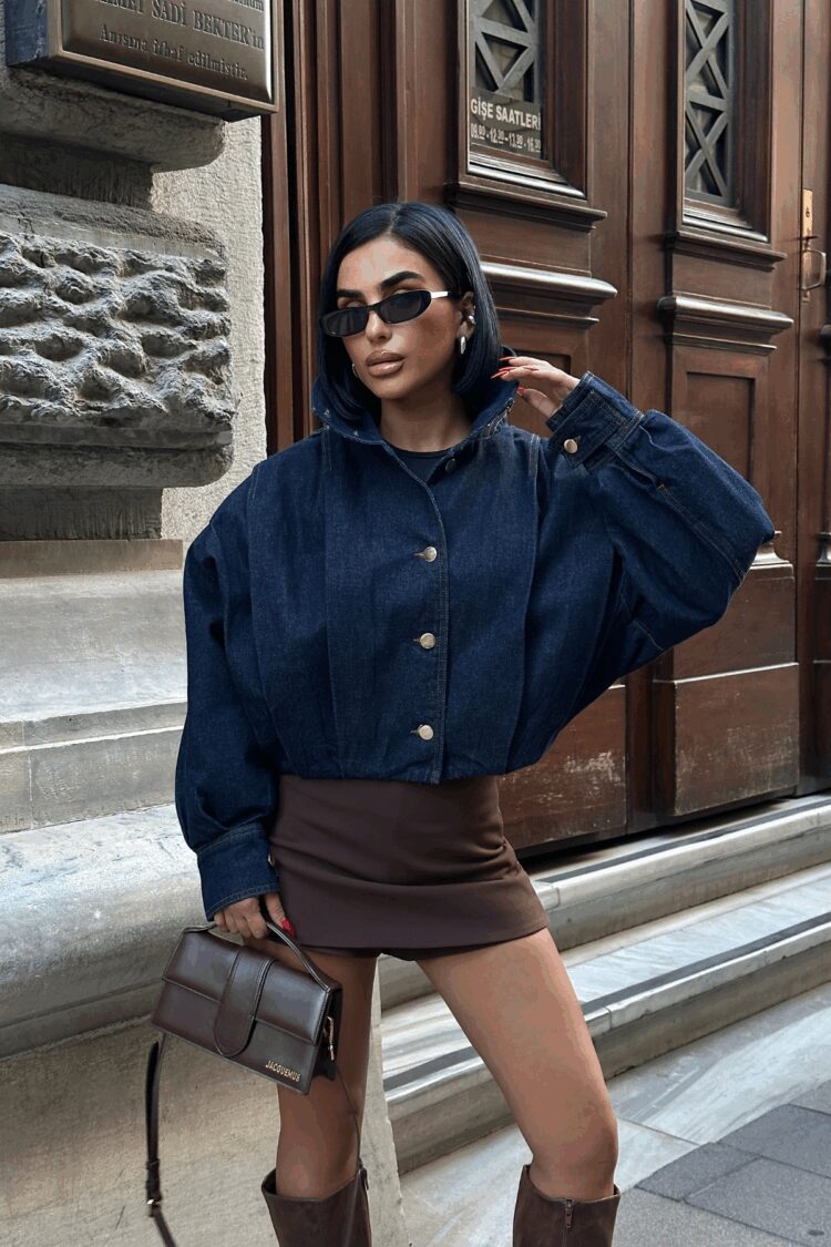 Blue Oversized Fit Buttoned Cropped Jacket