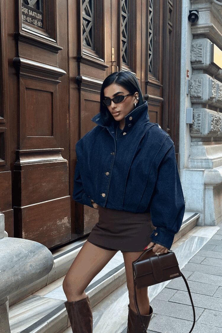 Blue Oversized Fit Buttoned Cropped Jacket