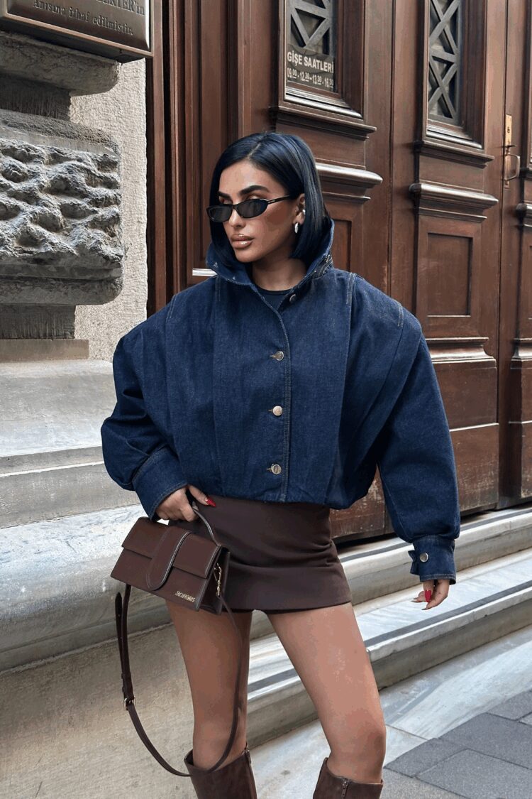 Blue Oversized Fit Buttoned Cropped Jacket