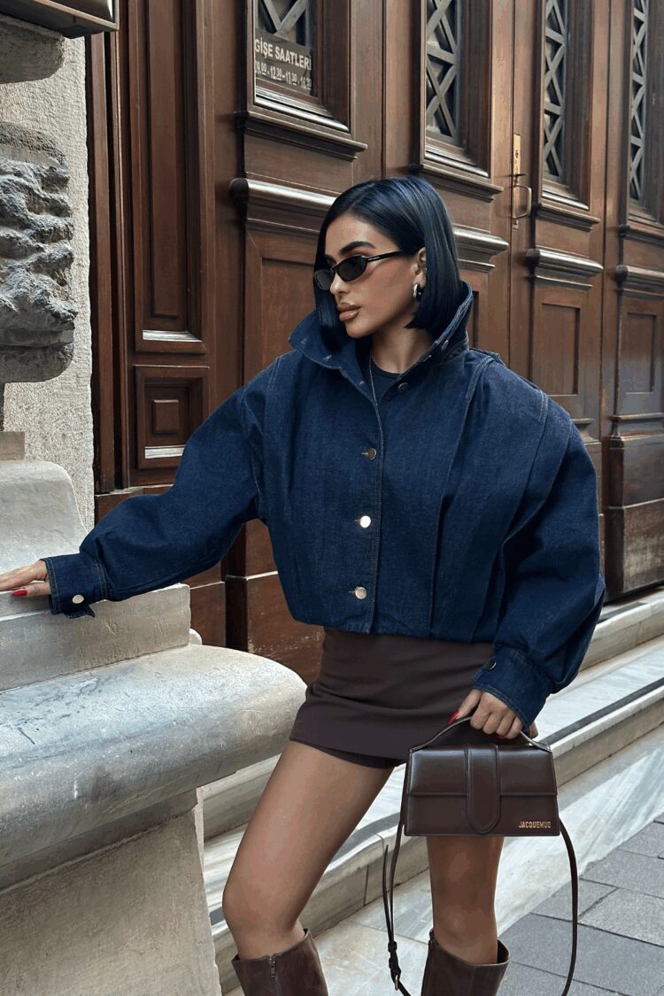 Blue Oversized Fit Buttoned Cropped Jacket