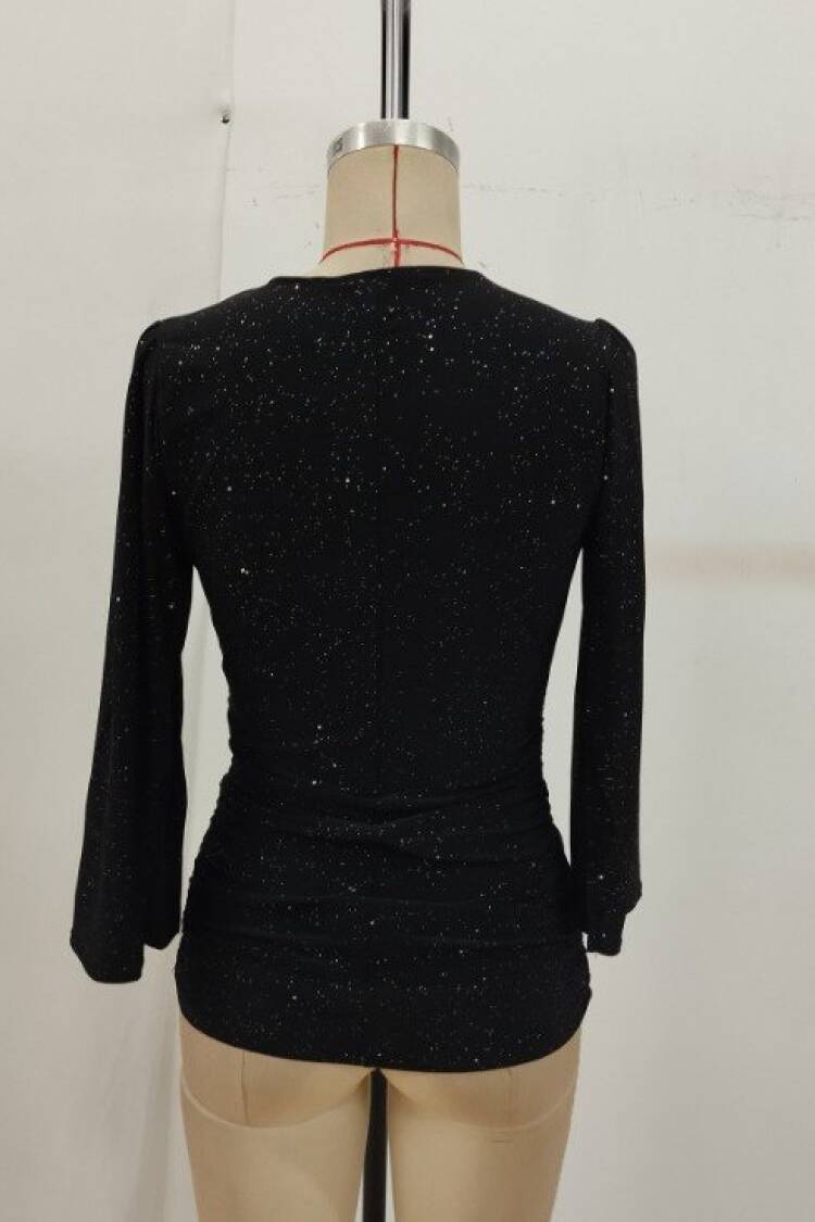 Black Sequined Slim Fit V-Neck Blouse
