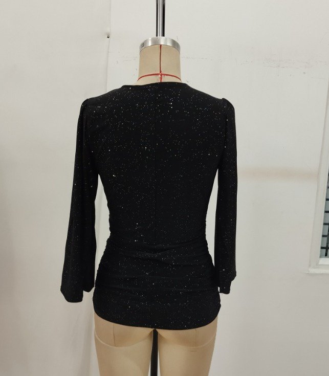 Black Sequined Slim Fit V-Neck Blouse