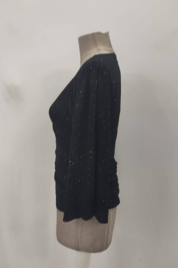 Black Sequined Slim Fit V-Neck Blouse