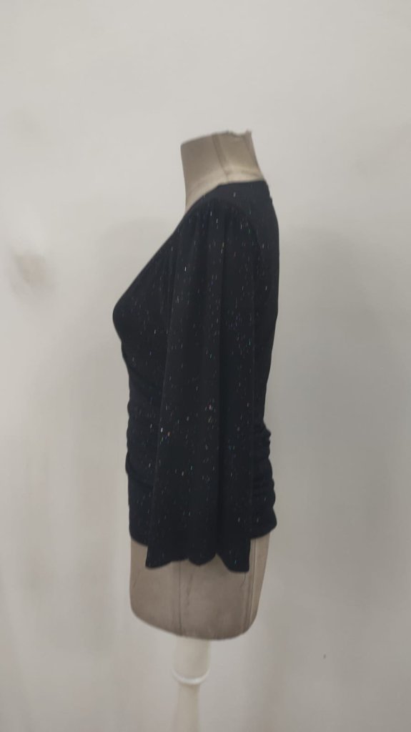 Black Sequined Slim Fit V-Neck Blouse