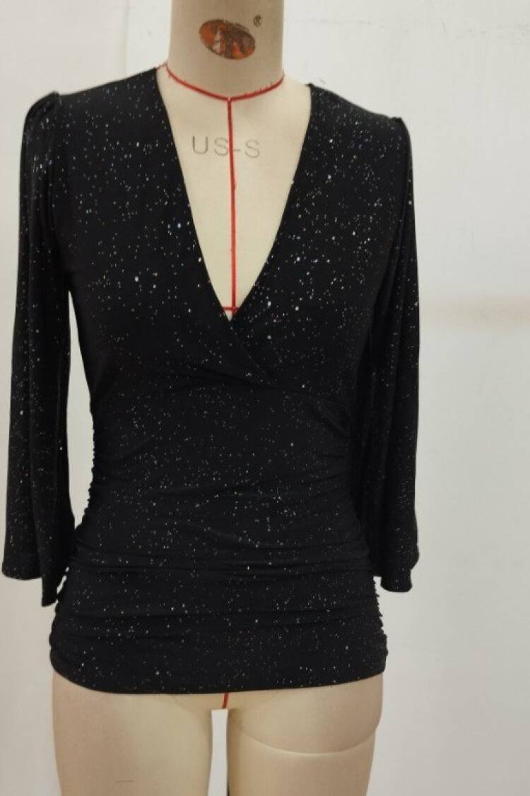 Black Sequined Slim Fit V-Neck Blouse