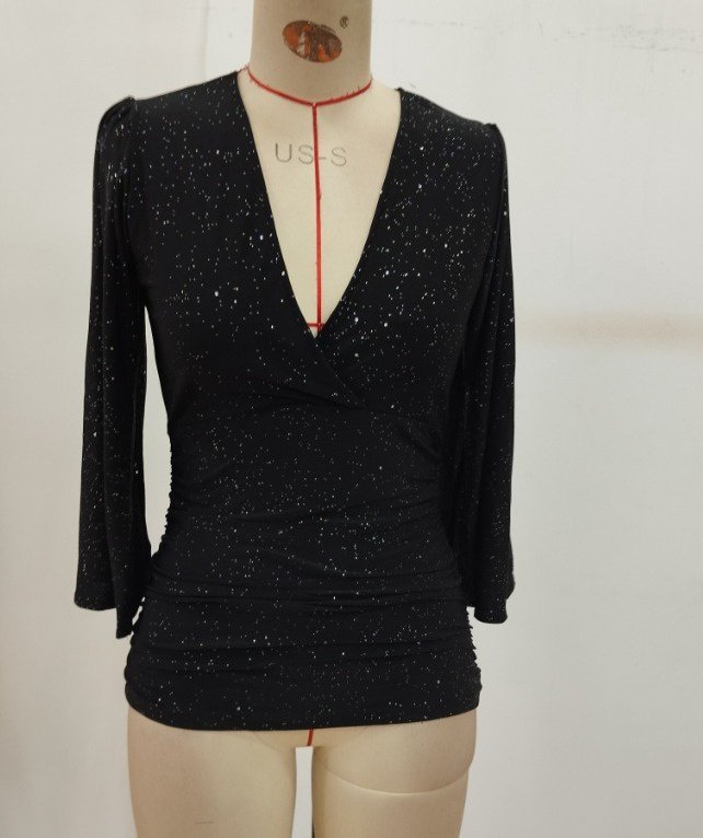 Black Sequined Slim Fit V-Neck Blouse