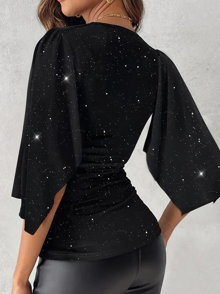 Black Sequined Slim Fit V-Neck Blouse