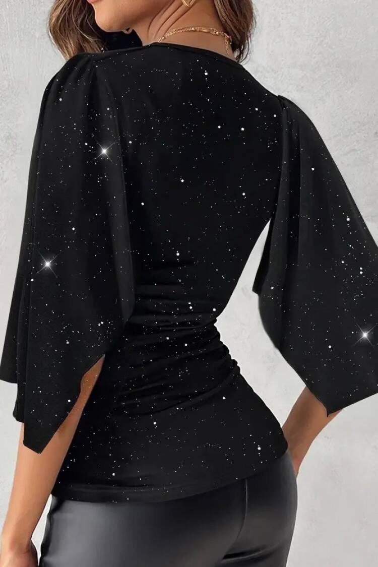 Black Sequined Slim Fit V-Neck Blouse