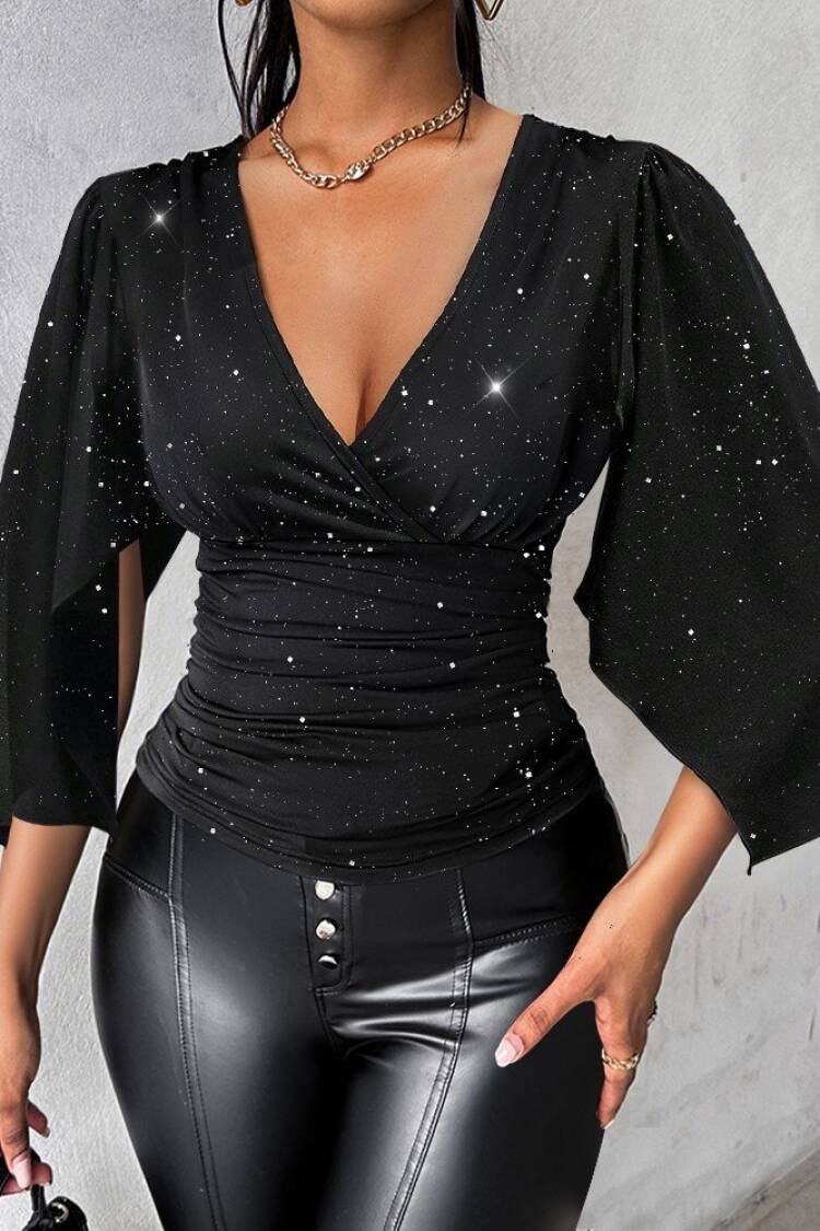 Black Sequined Slim Fit V-Neck Blouse