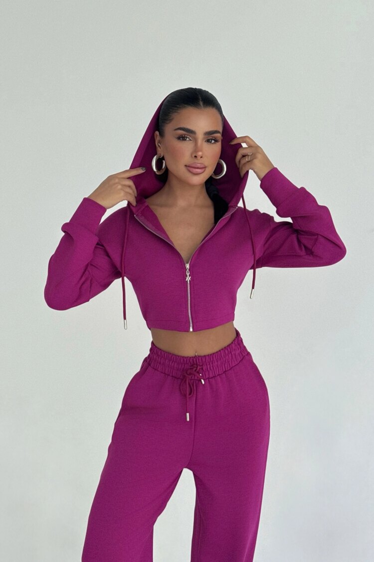 Fuchsia Tracksuit With Hooded Neck And Jogger Pants