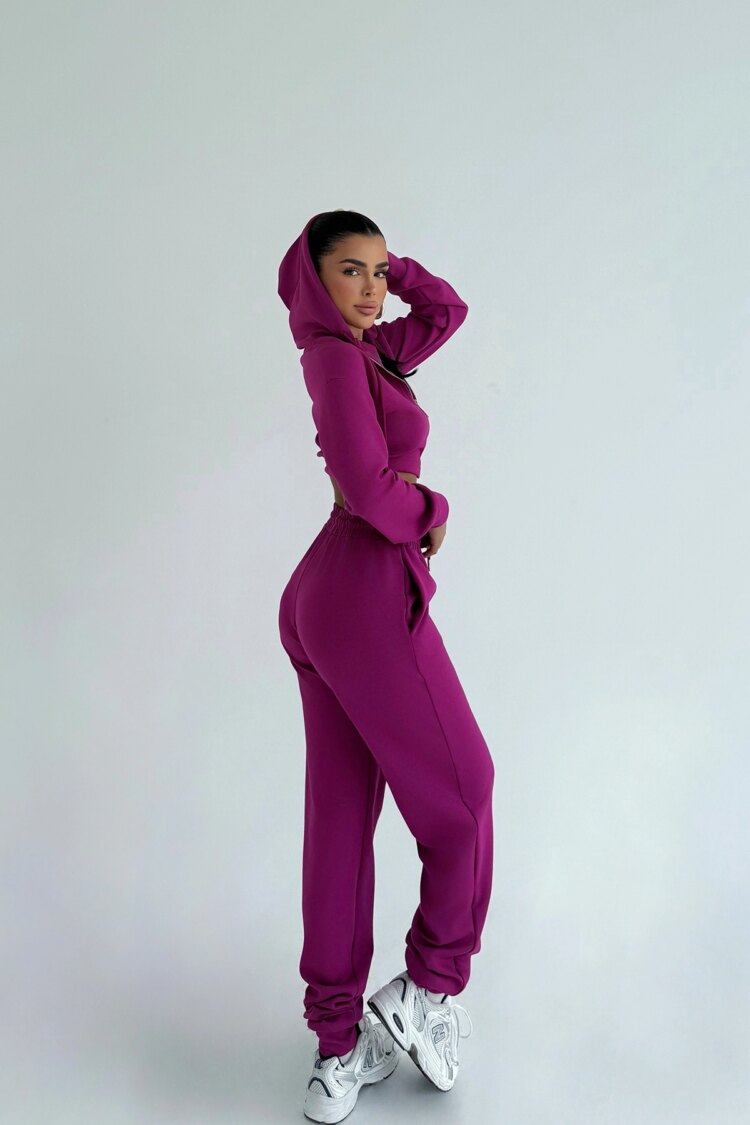 Fuchsia Tracksuit With Hooded Neck And Jogger Pants