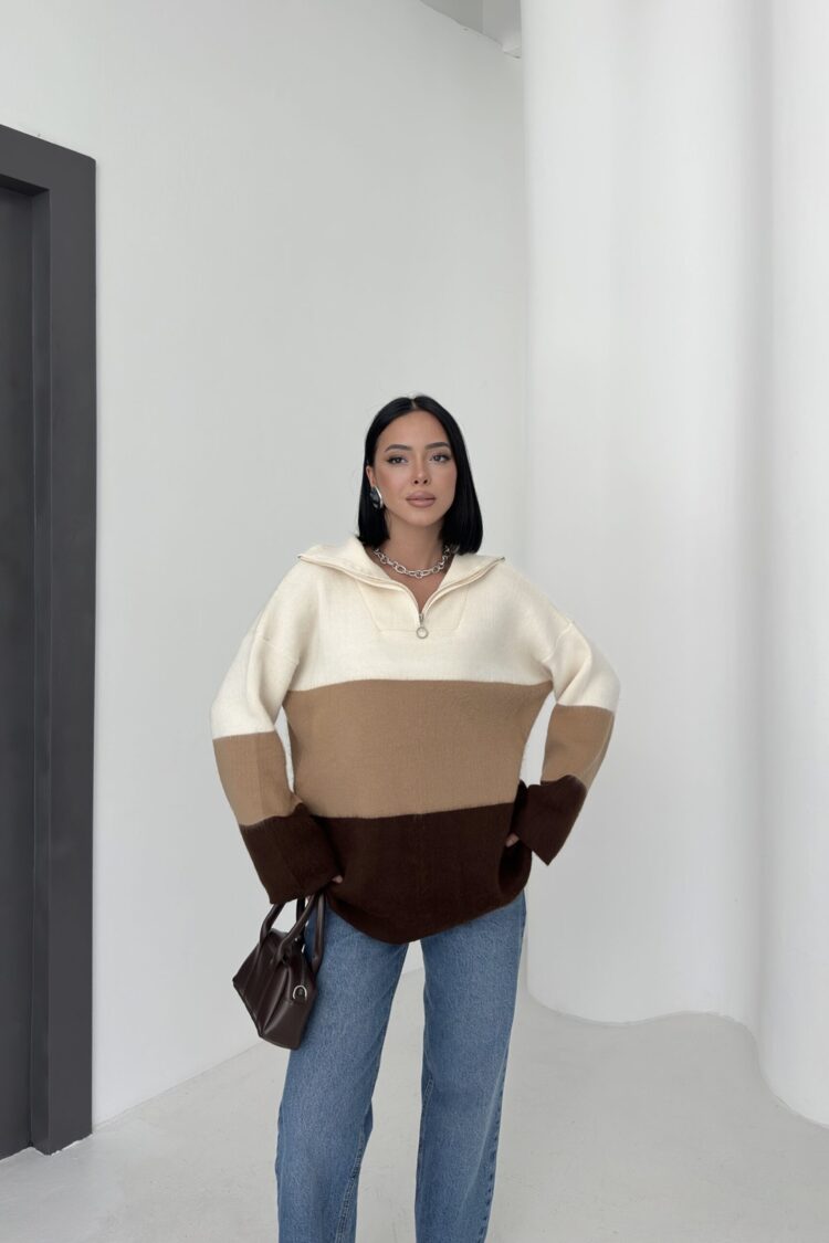 Beige Sweater With Oversized Fit And Shawl Collar