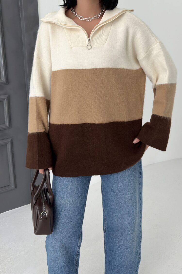 Beige Sweater With Oversized Fit And Shawl Collar