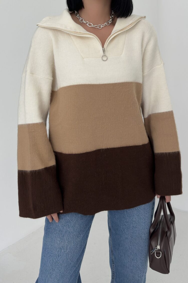 Beige Sweater With Oversized Fit And Shawl Collar
